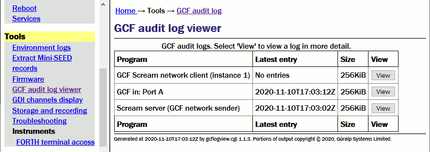 The audit log selection screen