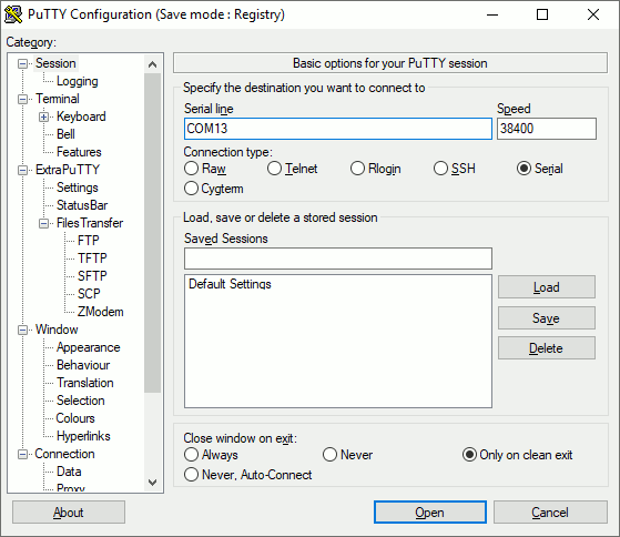ExtraPuTTY's main configuration window