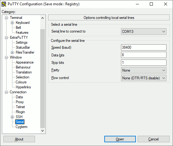 ExtraPuTTY's serial connection configuration window
