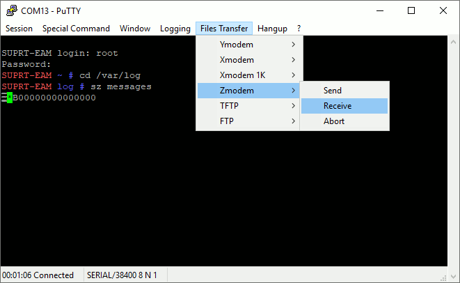 selecting 'receive' from the 'File transfer, Zmodem' menu