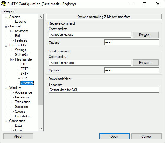 PuTTY's Zmodem configuration page