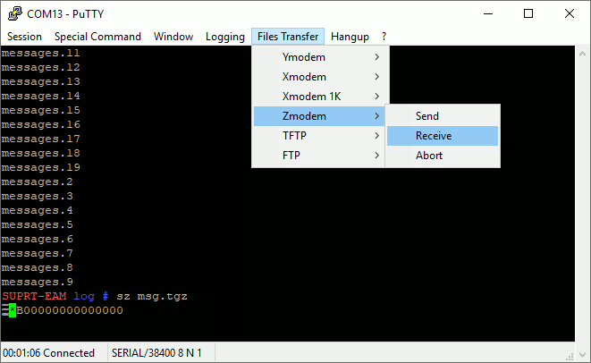 selecting 'receive' from the 'File transfer, Zmodem' menu