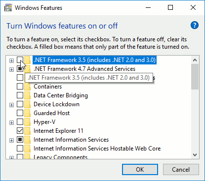 Windows features window with .NET 3.5 disabled