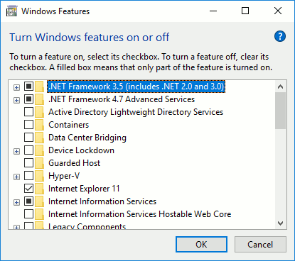 Windows features window with .NET 3.5 partially enabled