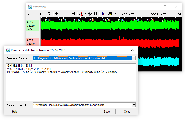 the 'Parameter data' (calvals) window