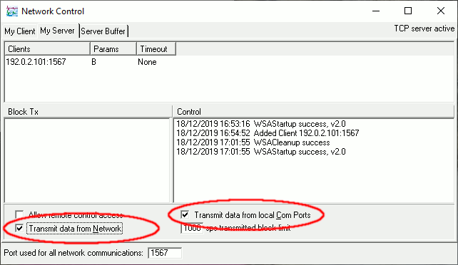 Scream's 'My server' pane in the network control window