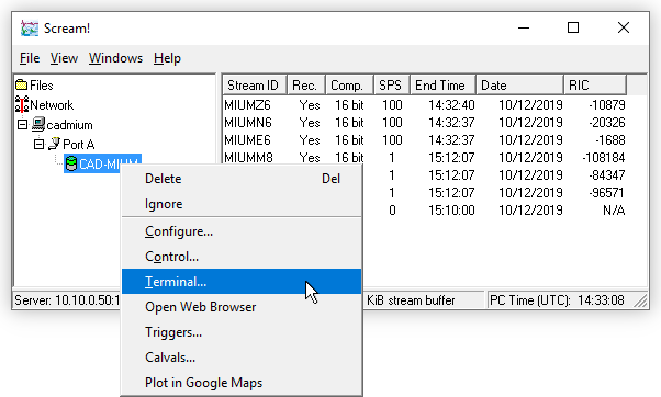 selecting 'Terminal' from the digitiser context menu in Scream