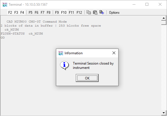 The terminal session closing after the 'GO' command