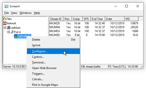 selecting 'Configure' from the digitiser's context menu