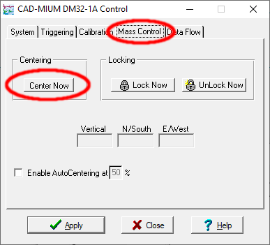 The 'Center' button on the 'Mass control' tab