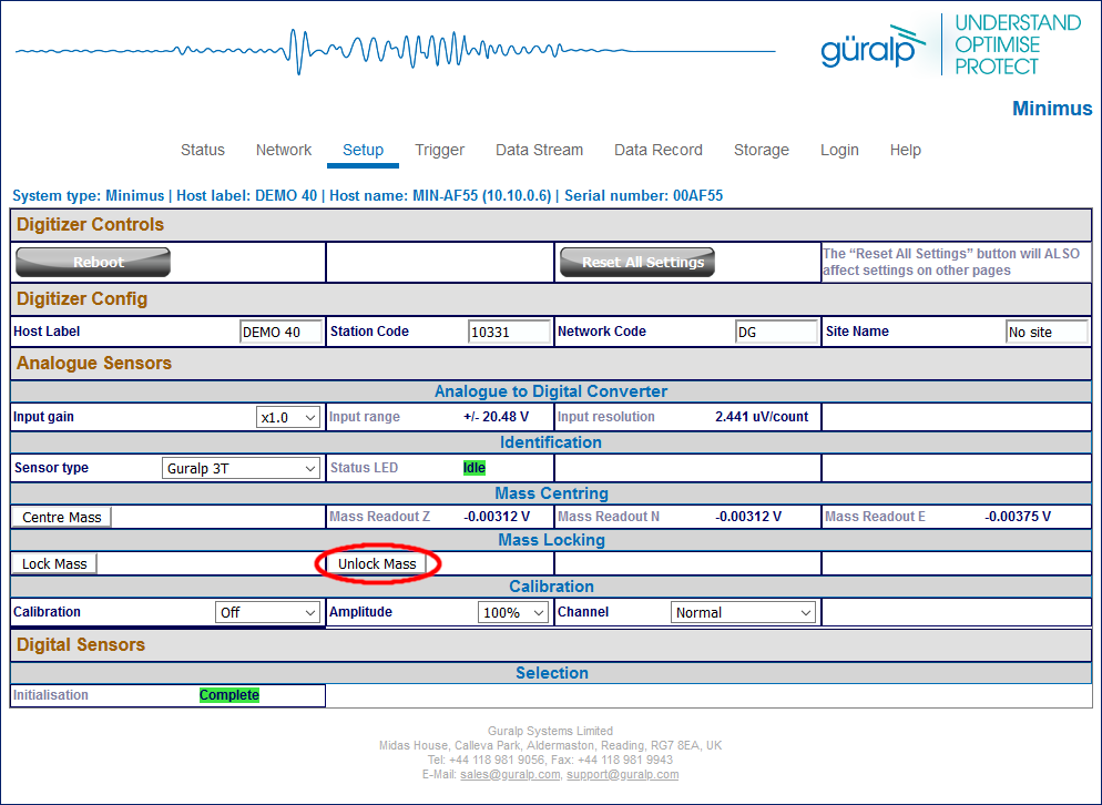 the Minimus' 'Setup' web page showing the location of the 'Unlock' button