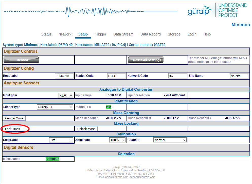 the Minimus' 'Setup' web page showing the location of the 'Lock' button