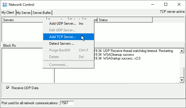 Selecting 'Add TCP Server' from the context menu
