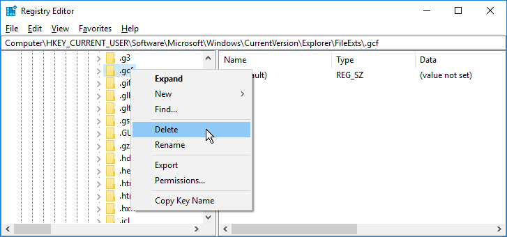 Deleting HKEY_CURRENT_USER\Software\Microsoft\Windows\CurrentVersion\Explorer\FilesExts\.gcf