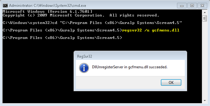 Un-registering gcfmenu.dll