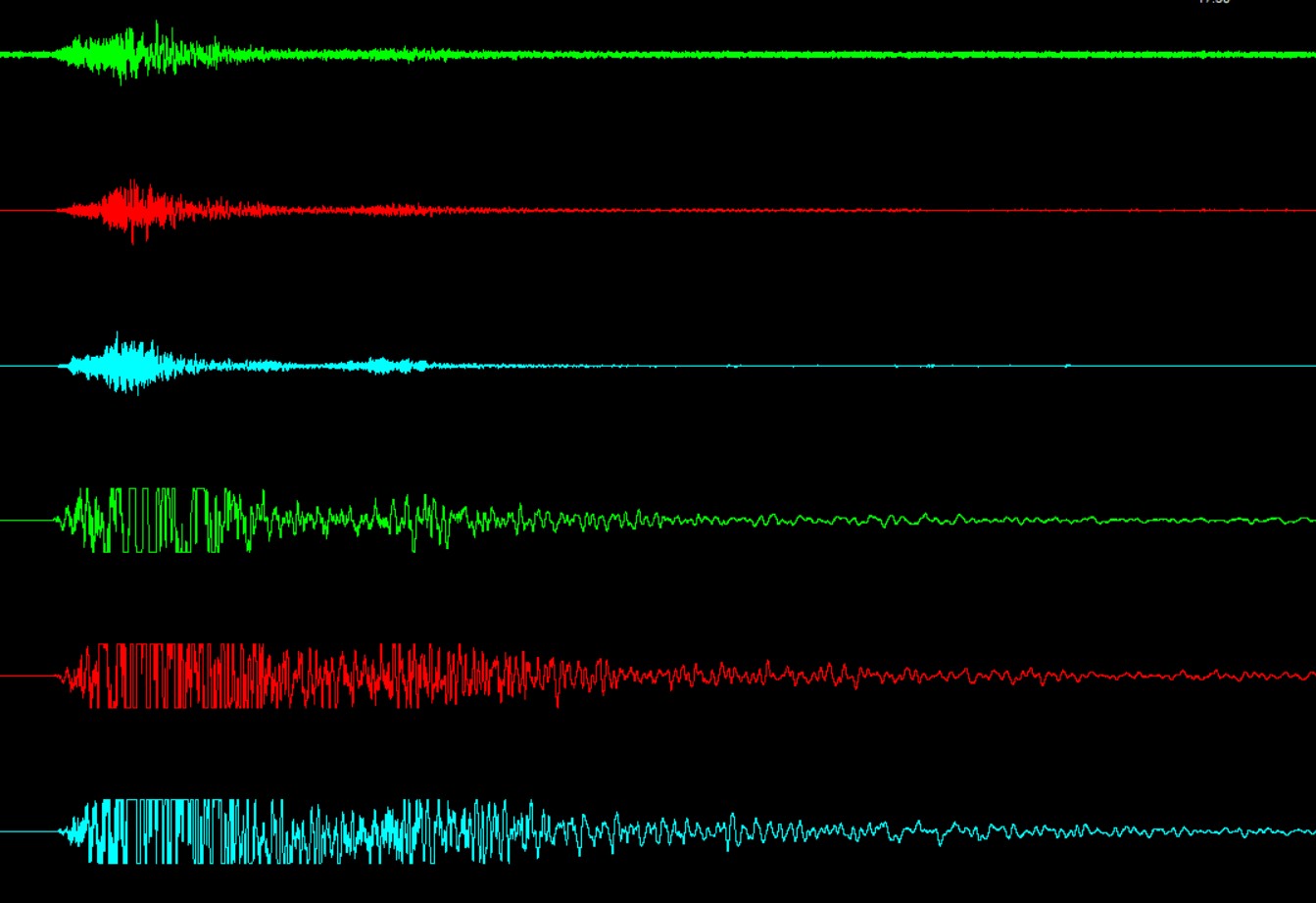 Fig 2: Close up of hybrid borehole waveform data from the Magnitude 6.6 event