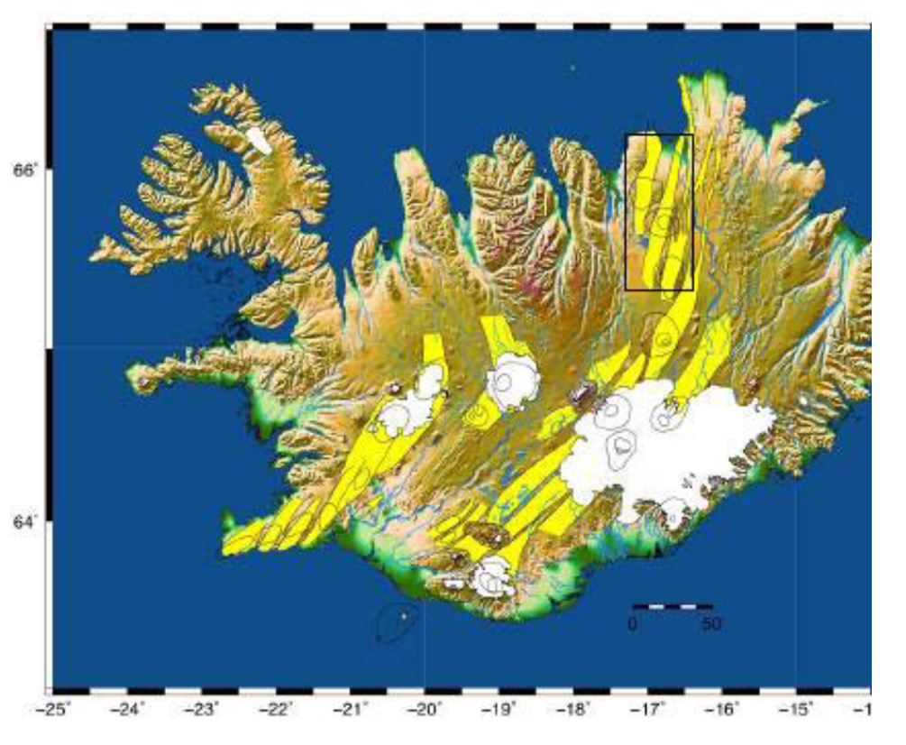 Map of fissure swarms and associated central volcanoes in Iceland. The study area is shown in the black box.