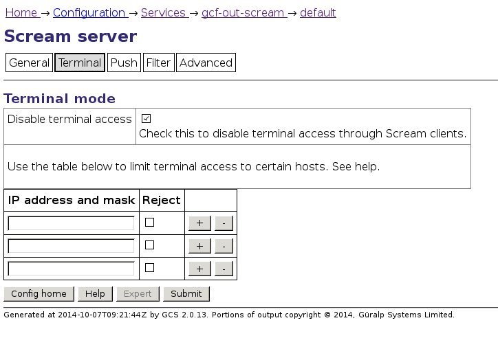 gcf-out-scream configuration window screen-shot